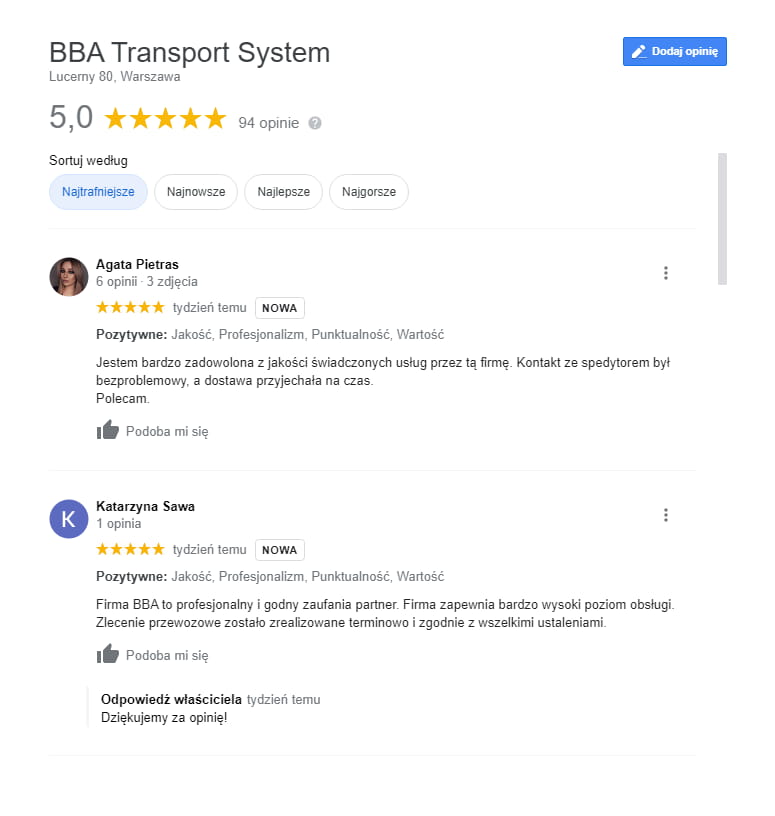 opinie google bba transport system bbats