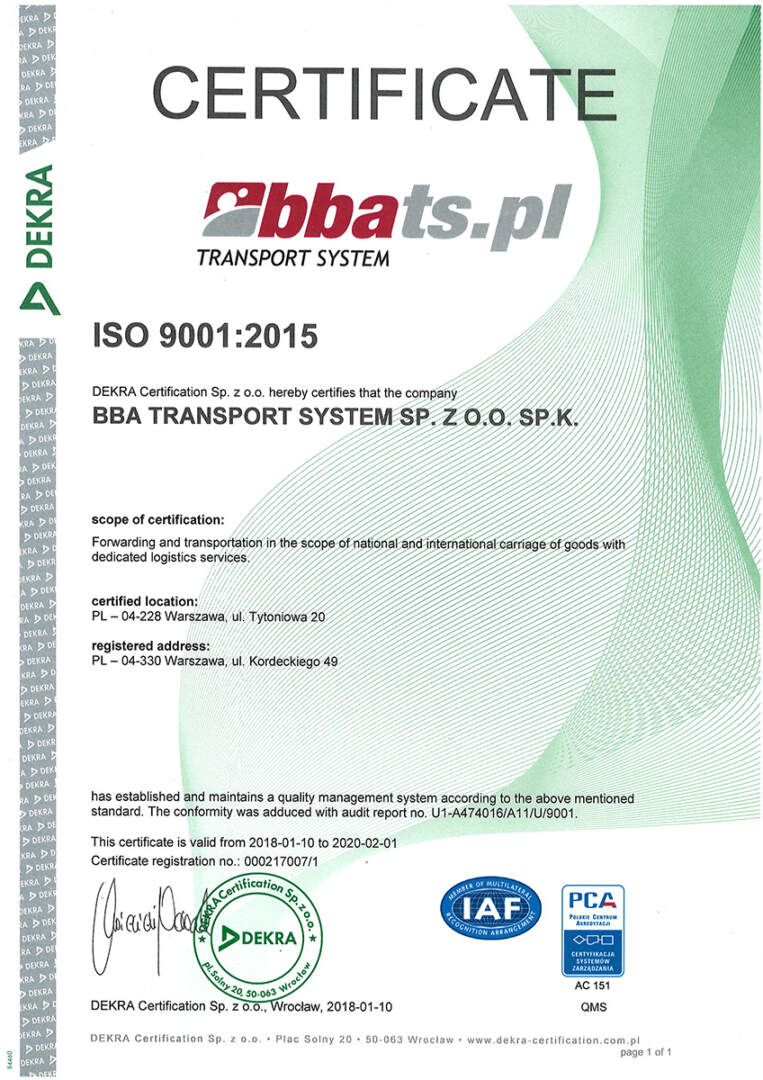 BBA Transport System ISO9001:2015