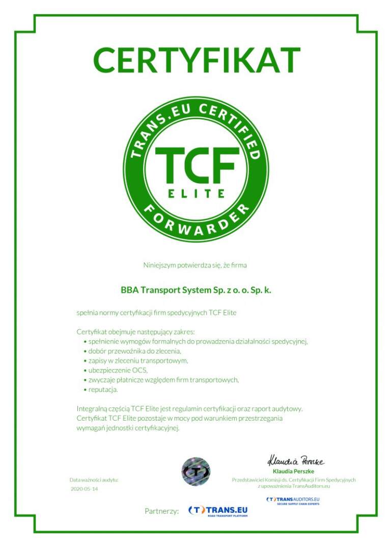Certyfikat TCF dla BBA Transport System