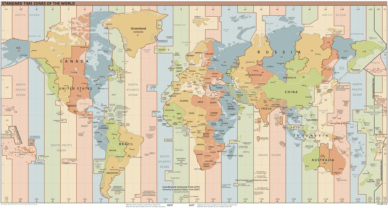Czas USA. Strefy czasowe na świecie zaznaczone kolorowymi pasami wzdłuż południków.
