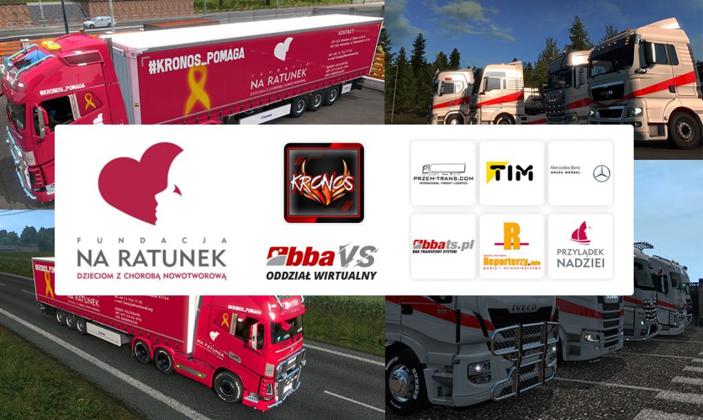 Charytatywny stream "Europejska podróż za jeden uśmiech" w grze Euro Truck Simulator 2. Grafika przedstawia organizatorów, partnerów i patronów wydarzenia.
