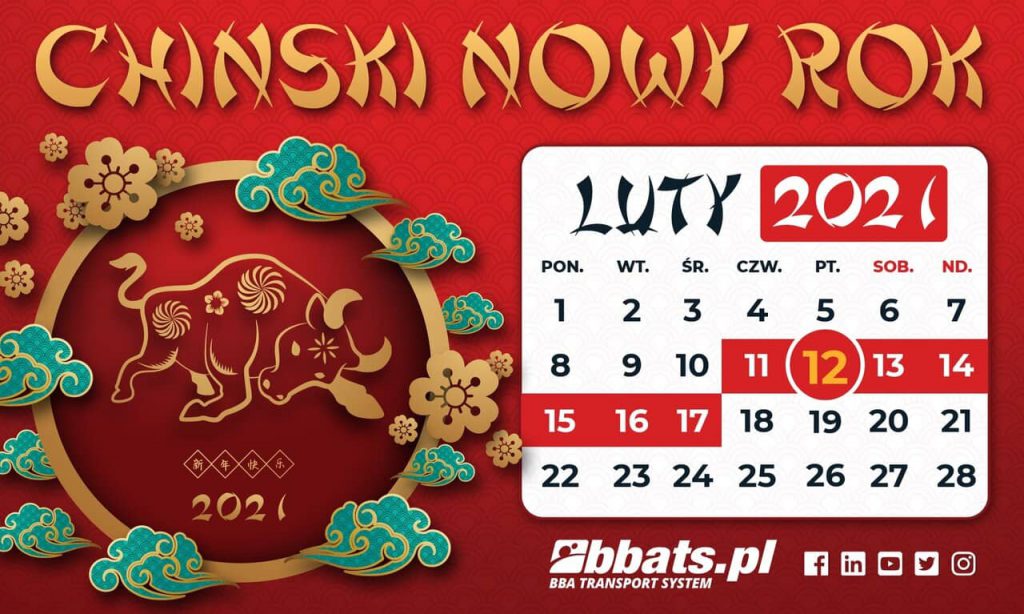 Kalendarz Chiński Nowy Rok 2021. Święto przypada na środek lutego. W tle wół - symbol nowego roku lunarnego.