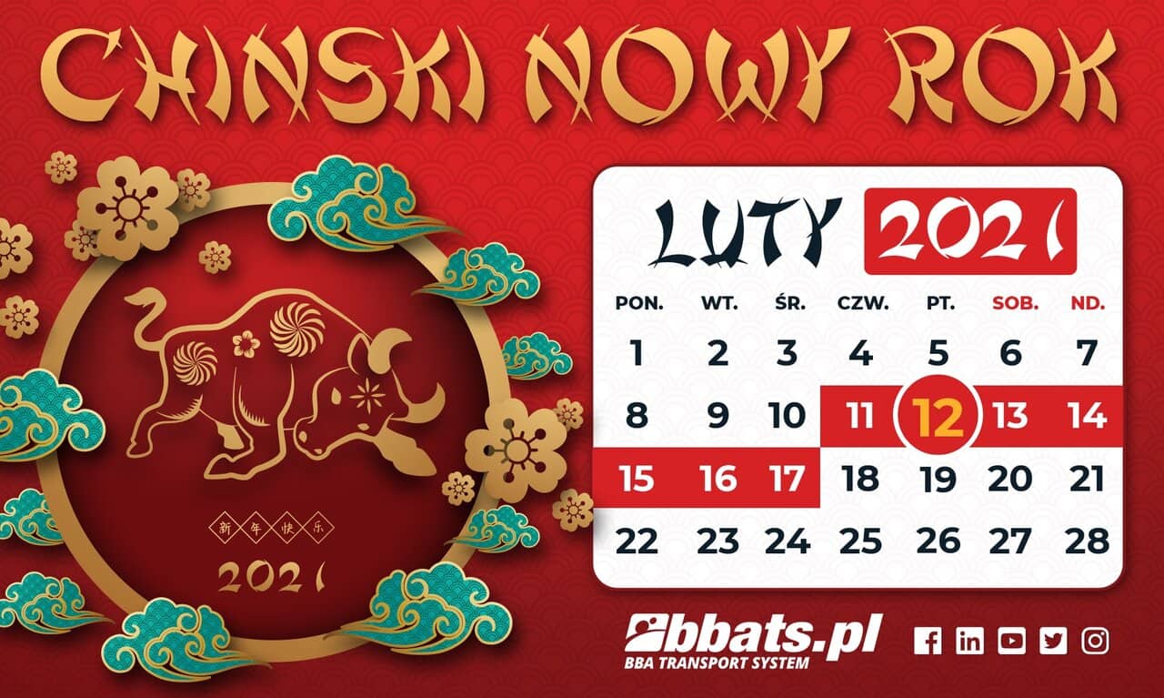 Kalendarz Chiński Nowy Rok 2021. Święto przypada na środek lutego. W tle wół - symbol nowego roku lunarnego.